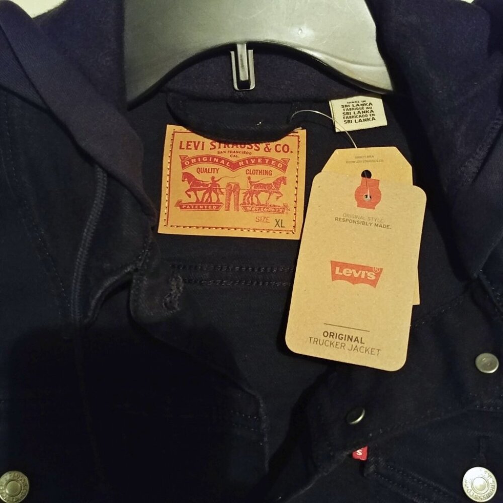 Levi's Black Hybrid Denim Hoodie Original Trucker Jacket Size XL - Picture 3 of 14